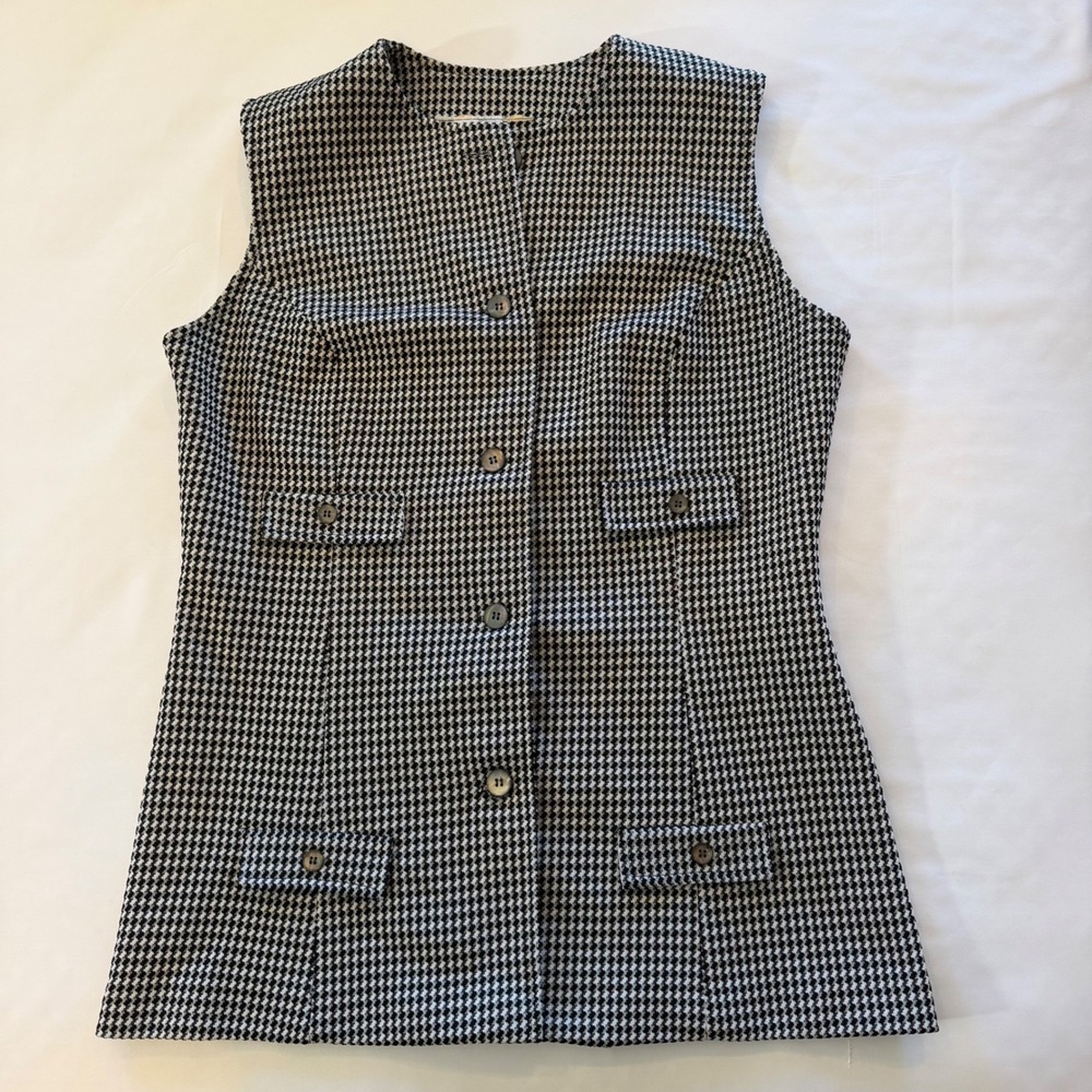 Vintage Bradley Houndstooth Vest Black White Mod Longline Button Front 15/16